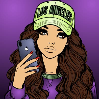 realistic beautiful girl wearing los ángeles cap holding an iphone