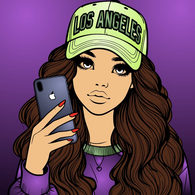 realistic beautiful girl wearing los ángeles cap holding an iphone