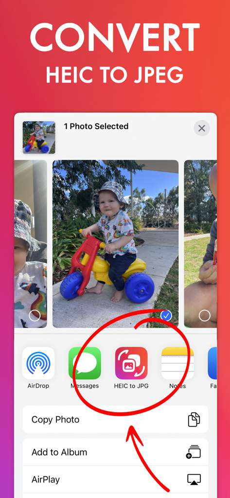 HEIC Converter: Image & Photo - HEICからJPGへの変換機能を強調するiOS共有メニューのスクリーンショット