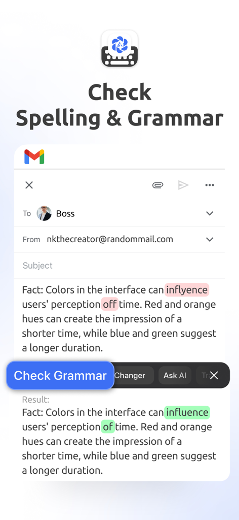 AI Keyboard Pro - Type & Write - AI Keyboard Pro interface showing real-time spelling and grammar correction for a professional email draft