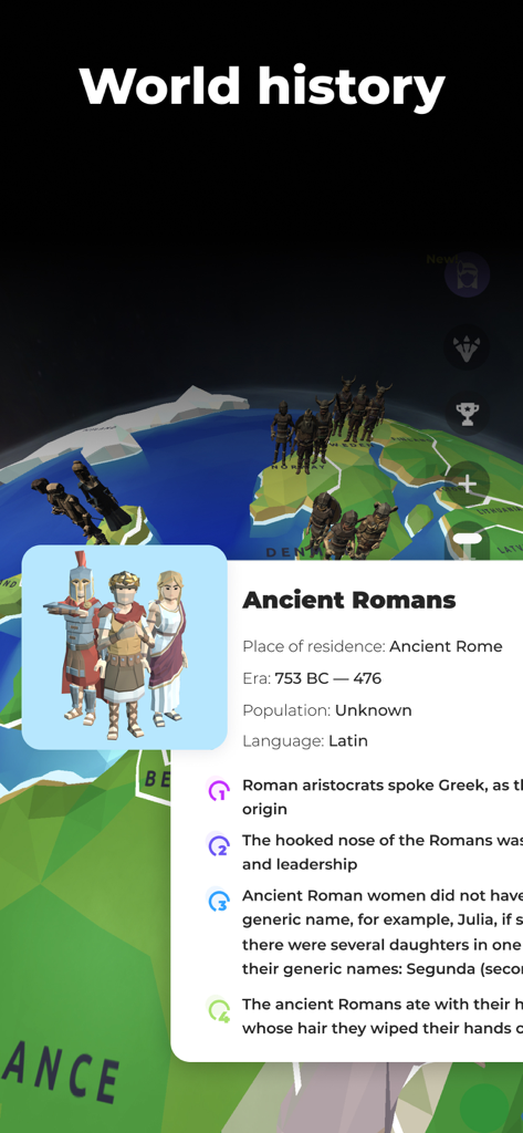 Globe Geography 3D: World Map - Eine 3D-Weltkarten-App, die historische Fakten und Charaktere der alten Römer auf einem interaktiven Globus anzeigt.