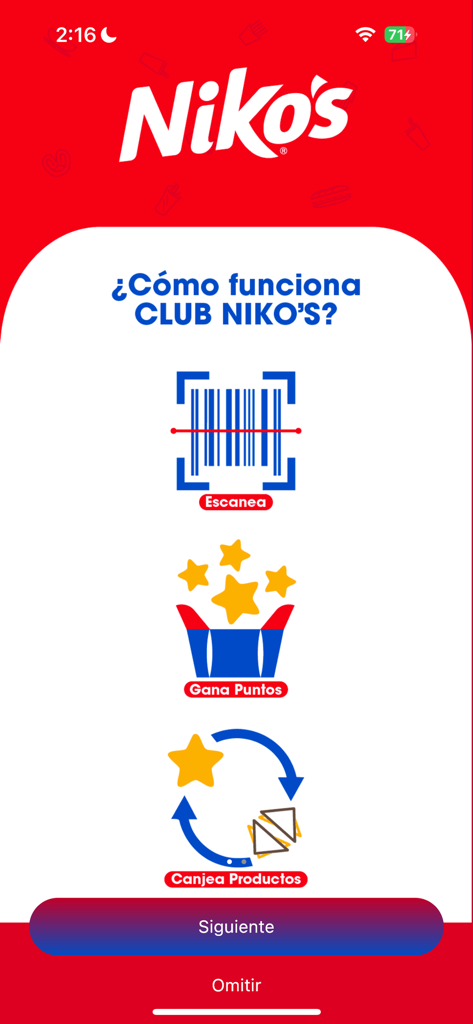 Niko´s - Niko's app onboarding screen explaining the loyalty process: scan, earn points, and redeem products.