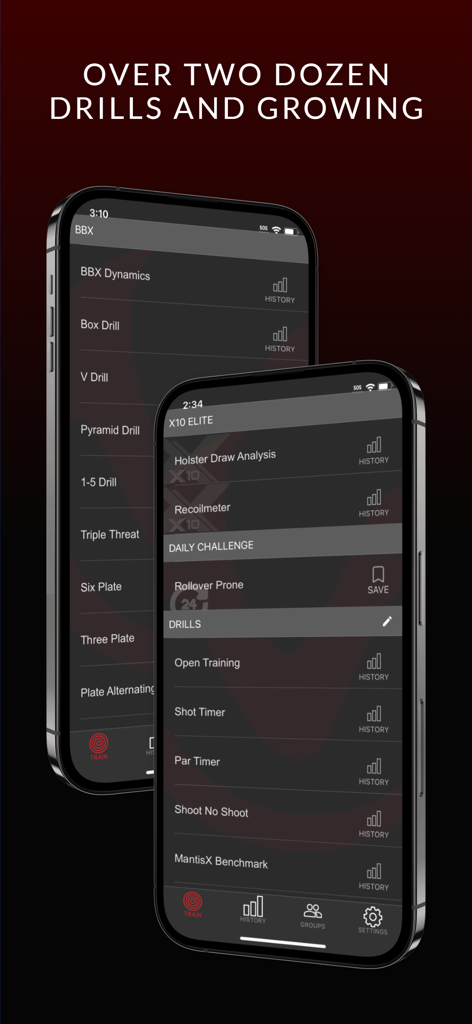 MantisX app interface displaying a list of firearm shooting drills and performance analysis tools.