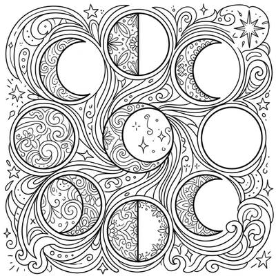 Journey through the celestial wonders with this mesmerizing coloring page featuring intricate lunar phase patterns. Discover the beauty of the moon's cycle surrounded by swirling cosmic designs, perfect for a relaxing creative escape.