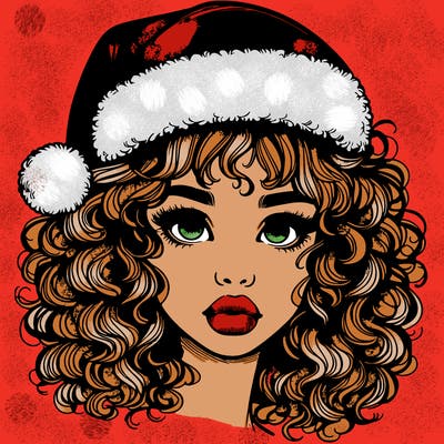 realistic girl with a santa hat curly hair and lips