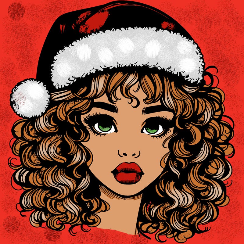 realistic girl with a santa hat curly hair and lips