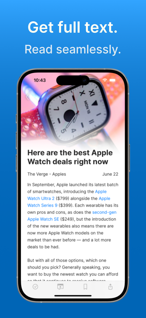 Feed Viewer RSS reader app showing a full text news article on an iPhone