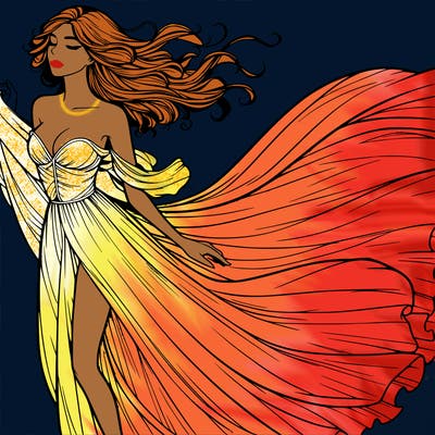 realistic woman in dress flowing the the wind
