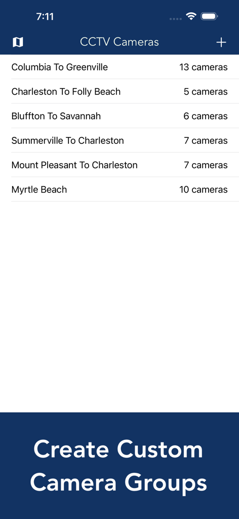 South Carolina Traffic Cameras - South Carolina Traffic Cameras app showing custom CCTV camera groups for commuter routes.