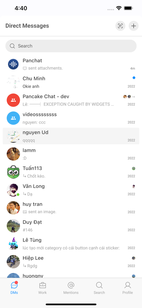 Pancake Work - The direct messages screen of the Pancake Work app showing a list of recent business chats with a search bar and navigation menu.