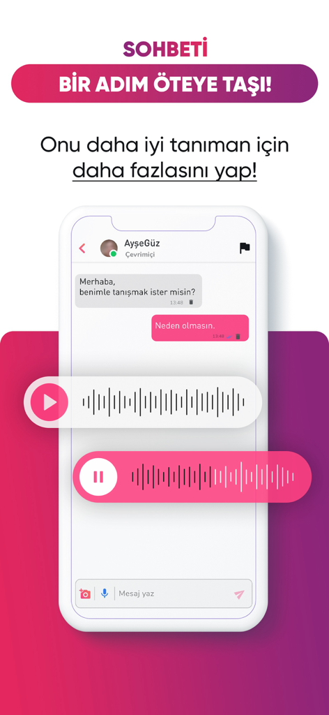 A chat interface from the Gönülden Sevenler matrimonial app showing a conversation with text and voice messages.