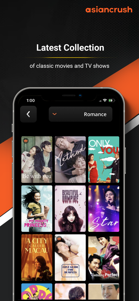 AsianCrush - Movies & TV - AsianCrush app interface showing a curated collection of Asian romance movies and TV shows