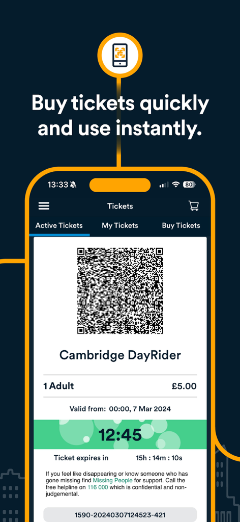 Active Cambridge DayRider mobile ticket on the Stagecoach Bus app interface