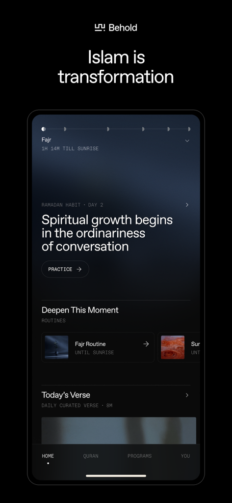 Behold: Experience Islam - Pantalla de inicio minimalista de la aplicación de bienestar espiritual islámico Behold que muestra una rutina espiritual diaria y la hora de la oración Fajr.