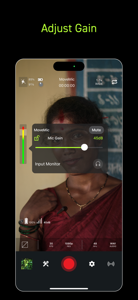 MOTIV Video - Interface de l'application Shure MOTIV Video affichant les paramètres de réglage du gain du microphone en temps réel sur un aperçu d'enregistrement vidéo en direct