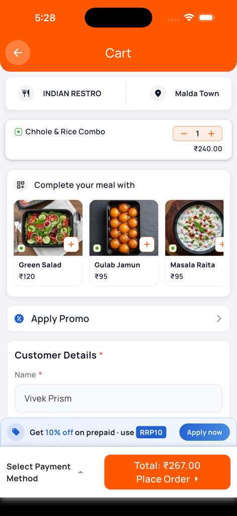 RailRestro - Food in Train - RailRestro App Warenkorb-Bildschirm zeigt eine Chhole- und Rice-Kombimahlzeit, die zum Checkout bereit ist