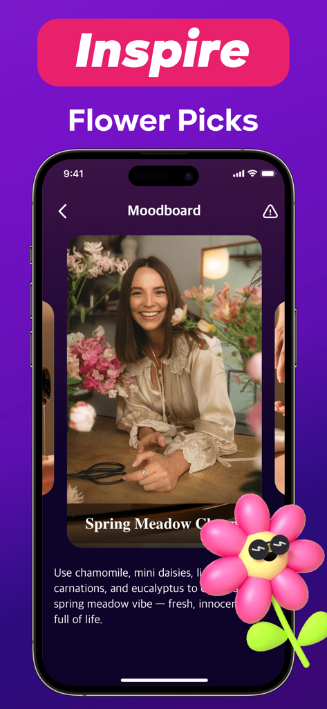 Florra：Video，Chat Fun - 봄 꽃 디자인 영감이 있는 Florra 앱 무드보드를 보여주는 스마트폰 화면