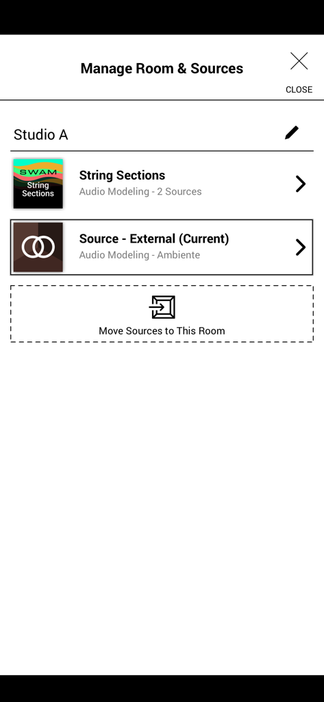 Ambiente Room Simulator - Manage Room and Sources screen in the Ambiente Room Simulator app showing audio sources in Studio A