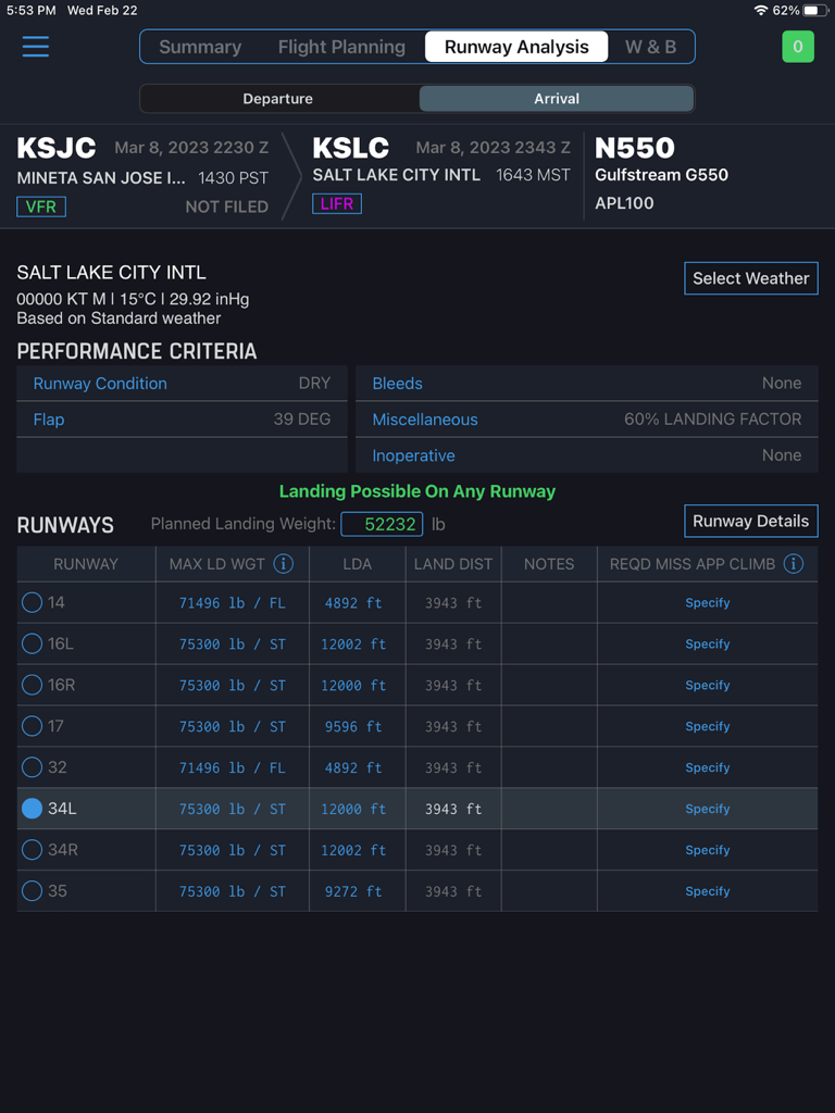 Runway analysis interface for Salt Lake City International Airport on iPreFlight Genesis Dispatch iPad app
