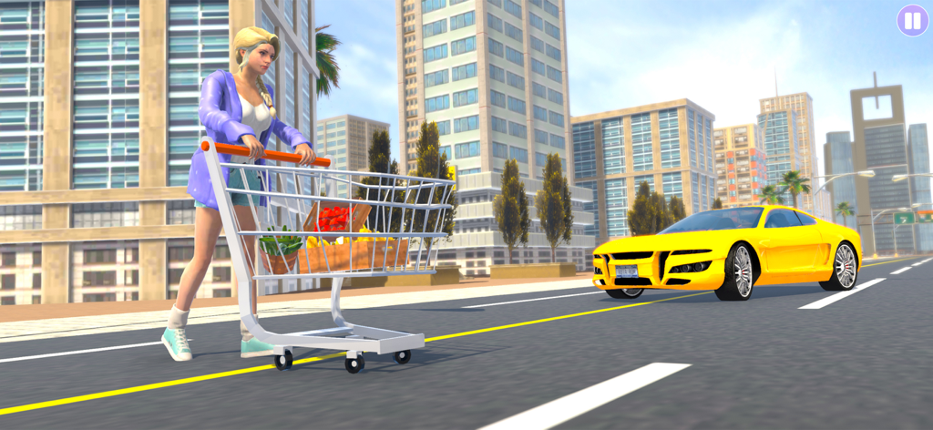 Dream family 3D -Mom simulator - Uma mulher empurrando um carrinho de compras em uma rua da cidade ao lado de um carro esportivo amarelo em um jogo de simulação 3D.