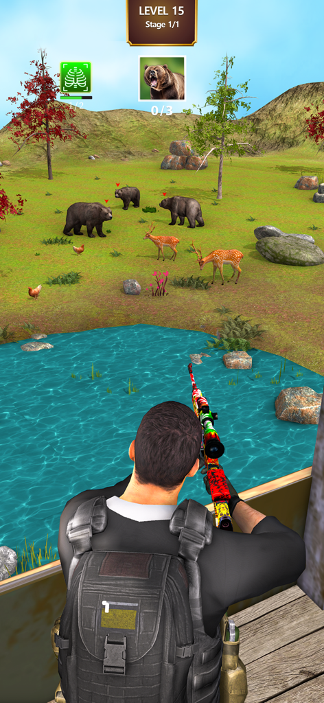 Ein Jäger richtet ein Scharfschützengewehr auf Bären und Hirsche in der Nähe eines Teiches in einer wilden Umgebung