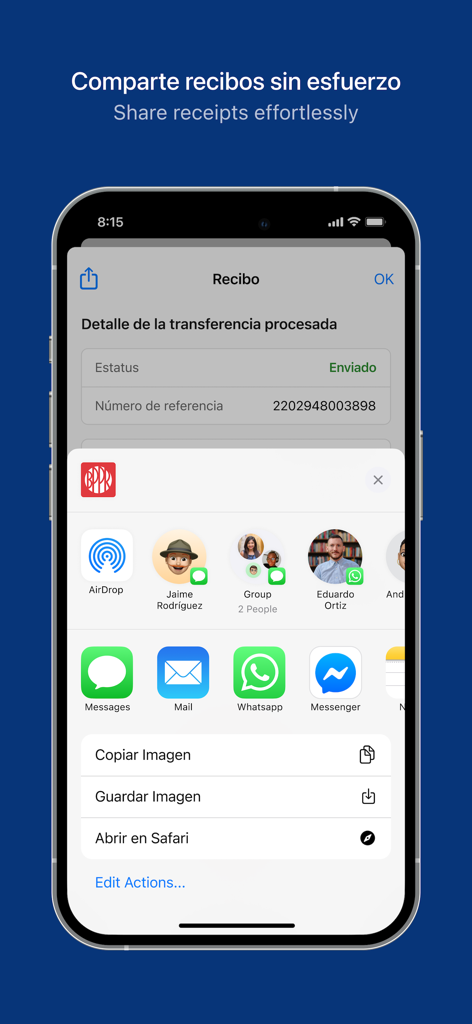 Mi Banco Mobile app screenshot showing receipt sharing options on an iPhone