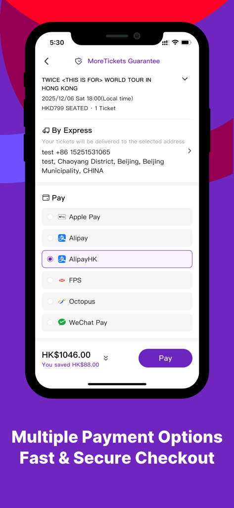 MoreTickets: Millions’ Choice - Apple Pay 및 Alipay를 포함한 다양한 결제 옵션을 제공하는 MoreTickets 앱 결제 화면