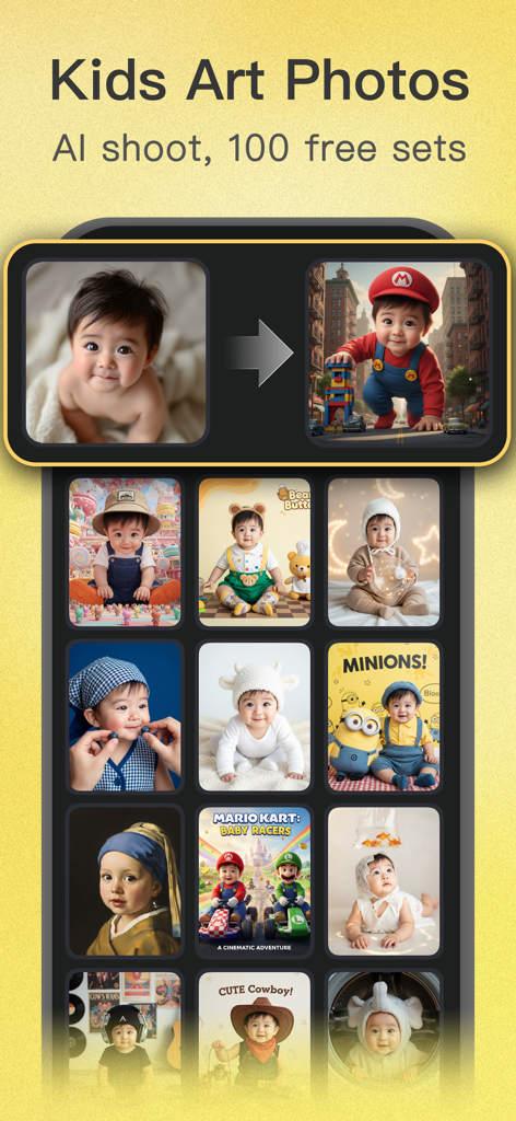 Phototells: AI ID & Headshot - Una interfaz móvil para un generador de fotos IA de arte infantil que muestra una transformación de retrato de bebé antes y después con una cuadrícula de varias plantillas de estilo creativo