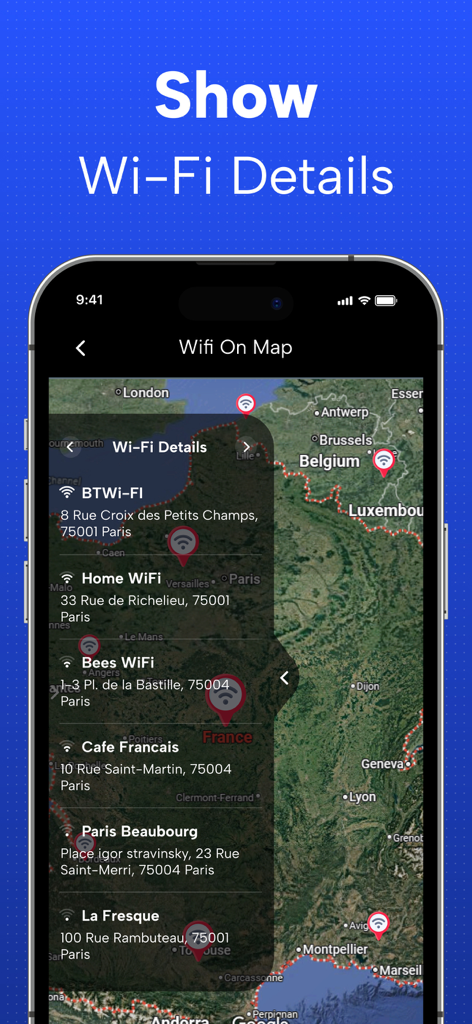 Kartenansicht, die verfügbare WLAN-Hotspots und deren Adressen in Paris innerhalb der WiFi on Map-App anzeigt.