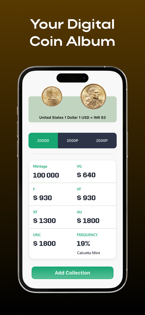 AI Coin Scanner & Identifier - A smartphone screen showing a digital coin album with pricing and grading information for a rare US dollar coin