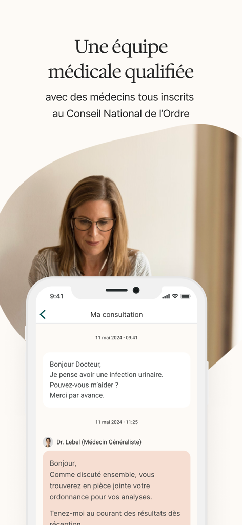 MedecinDirect | Consultez 24/7 - Écran de smartphone affichant une consultation médicale écrite sur l'application MedecinDirect avec un médecin qualifié