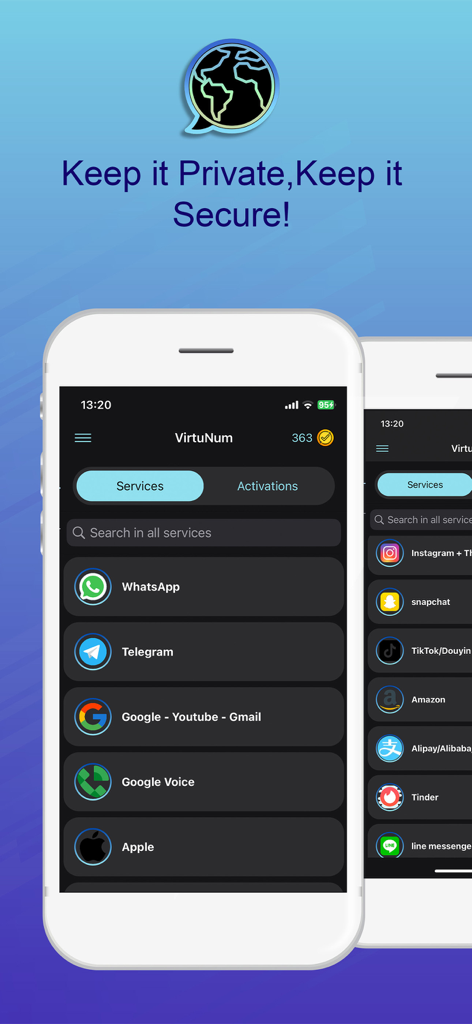 Interfaz de la aplicación VirtuNum que muestra servicios de números virtuales para WhatsApp y Telegram
