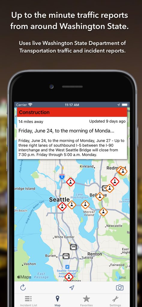 A screenshot of the Washington State Roads app showing a traffic map with construction incidents in the Seattle area.