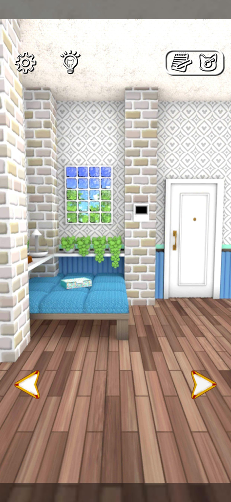 Escape Game Work From Home - A cozy room with a blue bench and white brick walls in the Escape Game Work From Home app