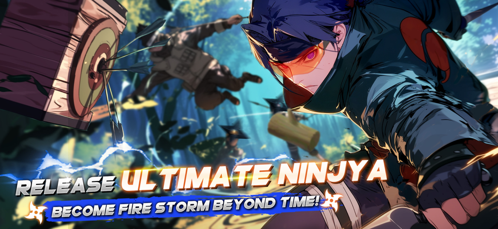 ULTIMATE NINJYA: Fire Storm - Personaje ninja de anime con un ojo rojo brillante en una escena de batalla en un bosque del juego móvil Ultimate Ninjya Fire Storm