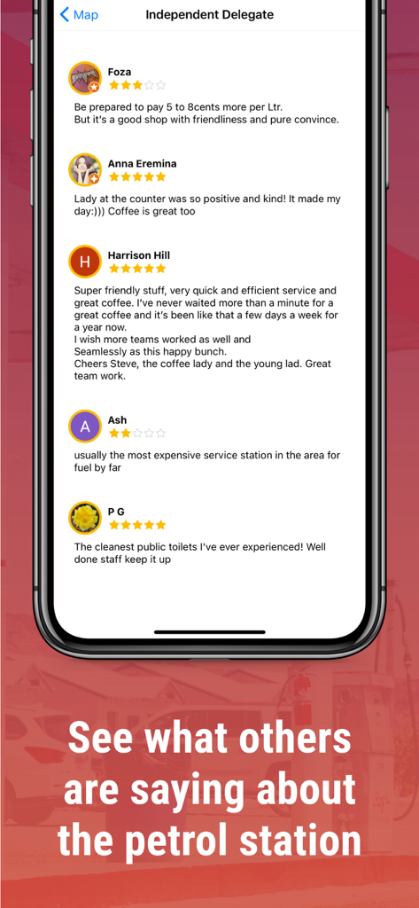 Fuel Check NSW - Cheap Petrol - Mobile screen displaying petrol station user reviews and star ratings