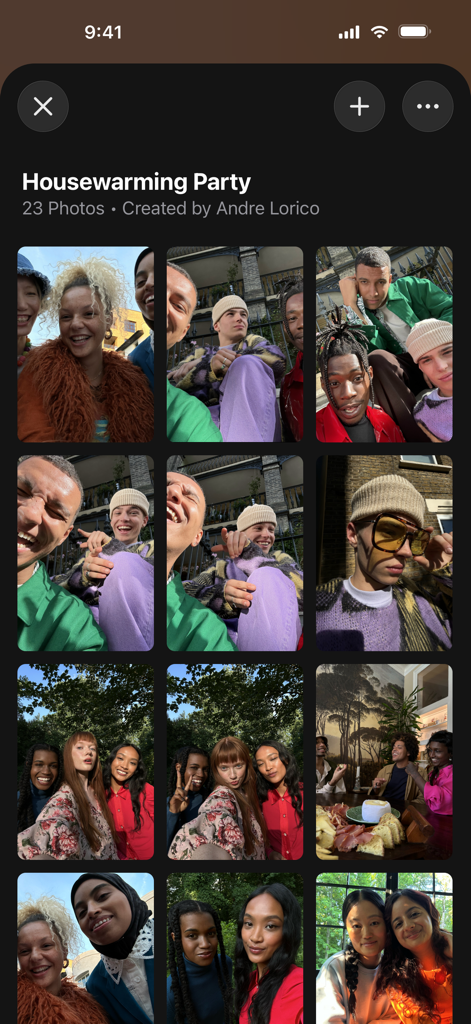 Apple Invites - Shared photo album grid for a housewarming party in the Apple Invites app