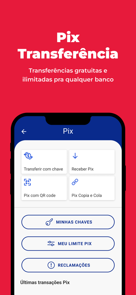 banQi - Conta Digital - banQi app interface showing Pix transfer options for free bank transactions