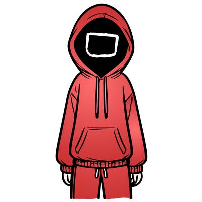 faceless girl in a tracksuit with a hood on and no hair
