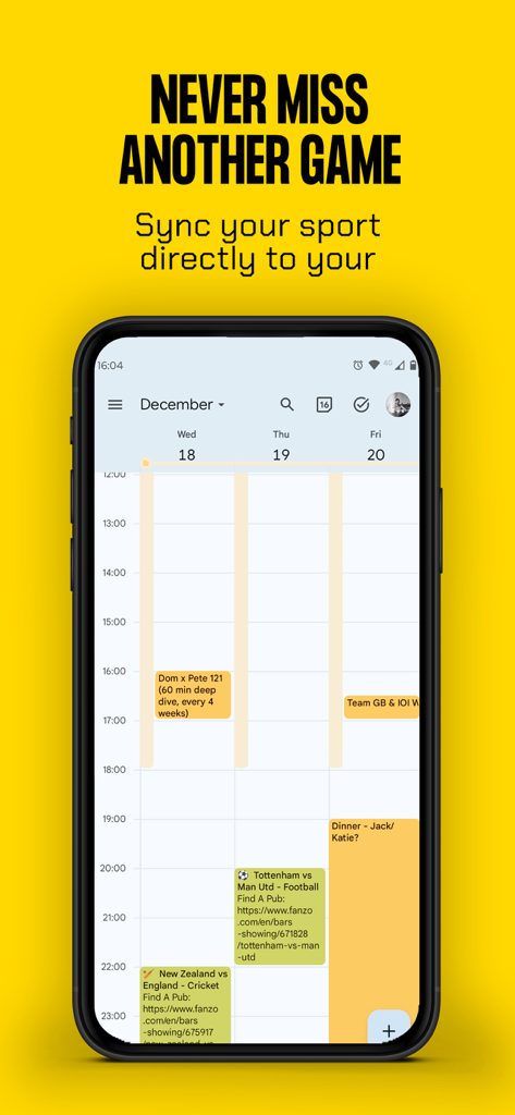 Pantalla de smartphone mostrando la función de calendario de sincronización de partidos de la aplicación FANZO con partidos de fútbol y cricket programados.