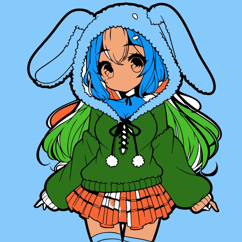 pretty anime girl wearing a fluffy hoodie with bunny ears on the hood and a skirt