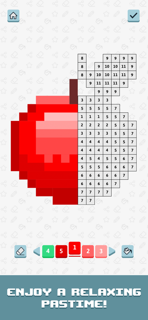 Pixelicious - Number Coloring - Pixel art apple being colored by numbers in a relaxing mobile app