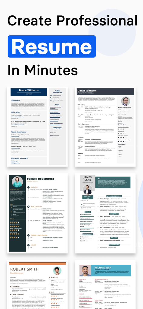 A collection of professional and modern resume templates available in the AI Resume Creator app.