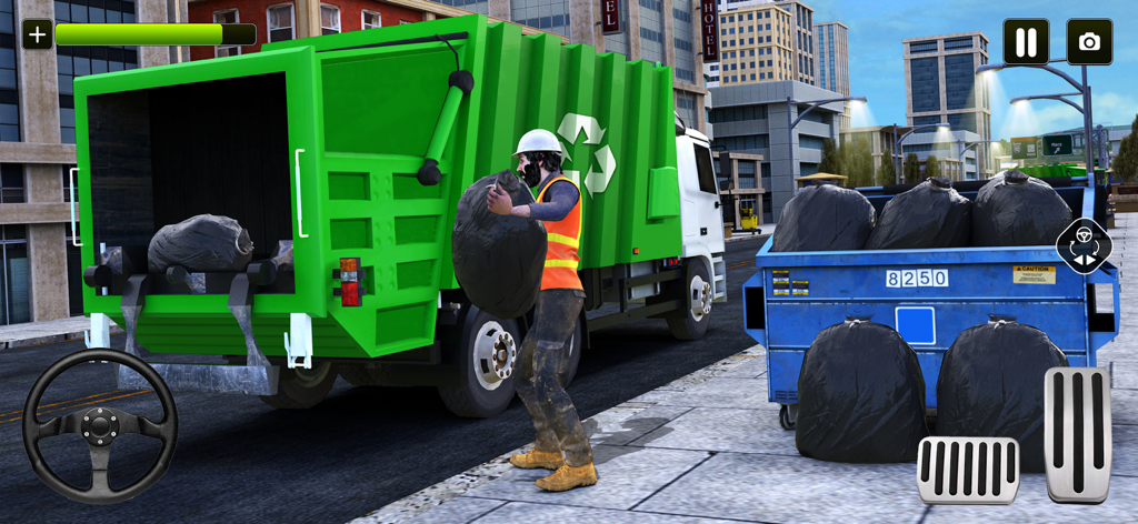 A worker loading trash bags into a green garbage truck in a city street simulation game.
