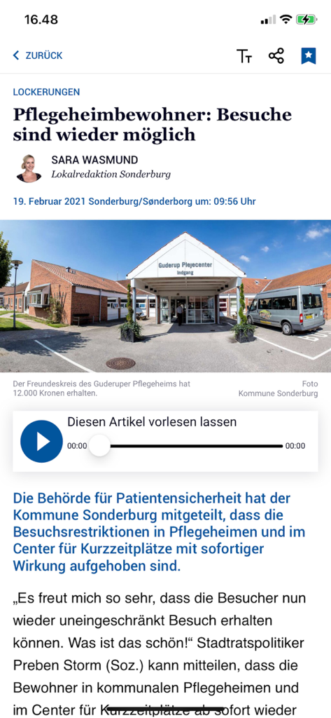 Vista de artículo en la aplicación de noticias Der Nordschleswiger con reproducción de audio y funciones de accesibilidad.