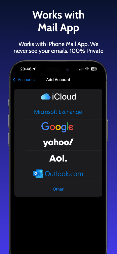 Mail Tracer - Email Tracking - Mail Tracerアプリのスクリーンショットは、iCloud、Google、OutlookなどのプロバイダーとiPhone Mailアプリとの互換性を示しています