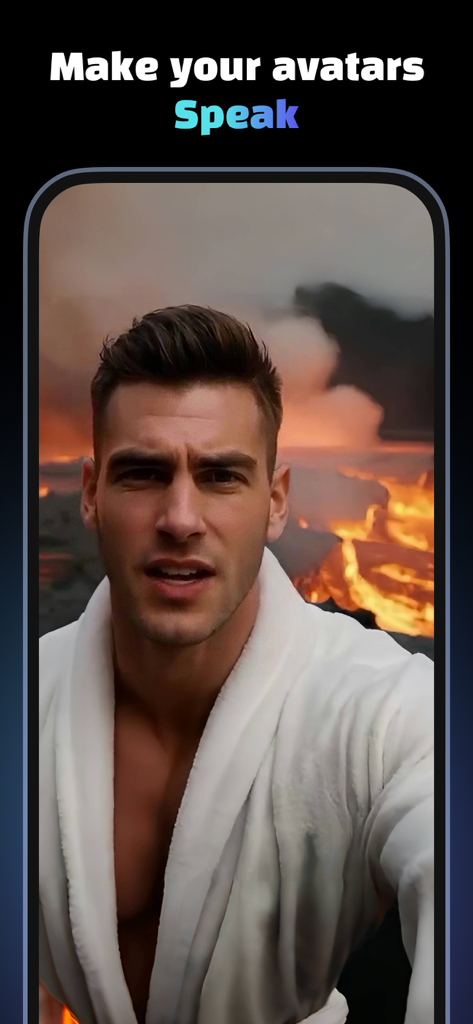 Creati: Gen AI Content Creator - Un avatar IA masculin dans une robe blanche avec un fond de feu et le texte Faites parler vos avatars