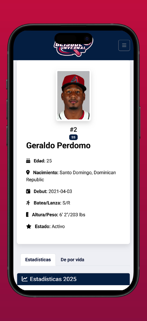 Beisbol Invernal - Detailed player profile for Geraldo Perdomo in the Beisbol Invernal mobile app showing biographical data and stats