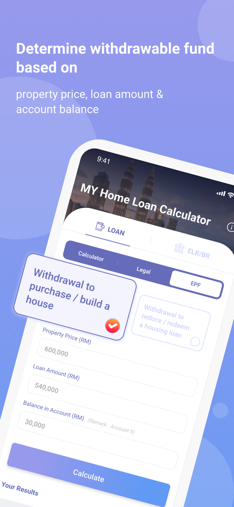 EPF withdrawal calculator interface within the Malaysia Home Loan Calculator app
