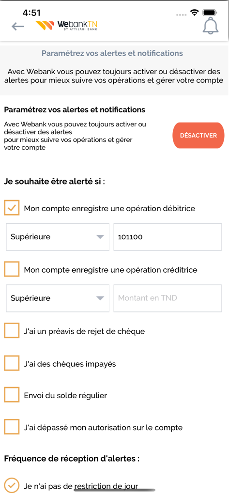 Webank - Webank mobile app interface showing a list of customizable notification and alert settings for bank account transactions in French.